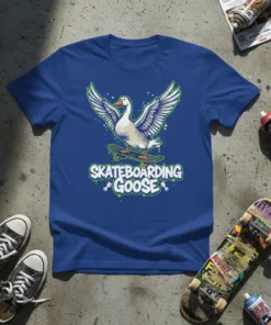 Skateboarding Goose text with a goose on a skateboard graphic on a blue t-shirt