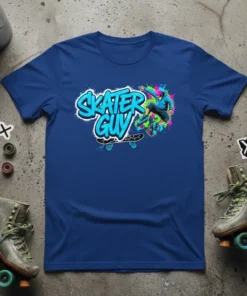Skater Guy graphic tee with a skateboarder in mid-air and bold blue graffiti-style text