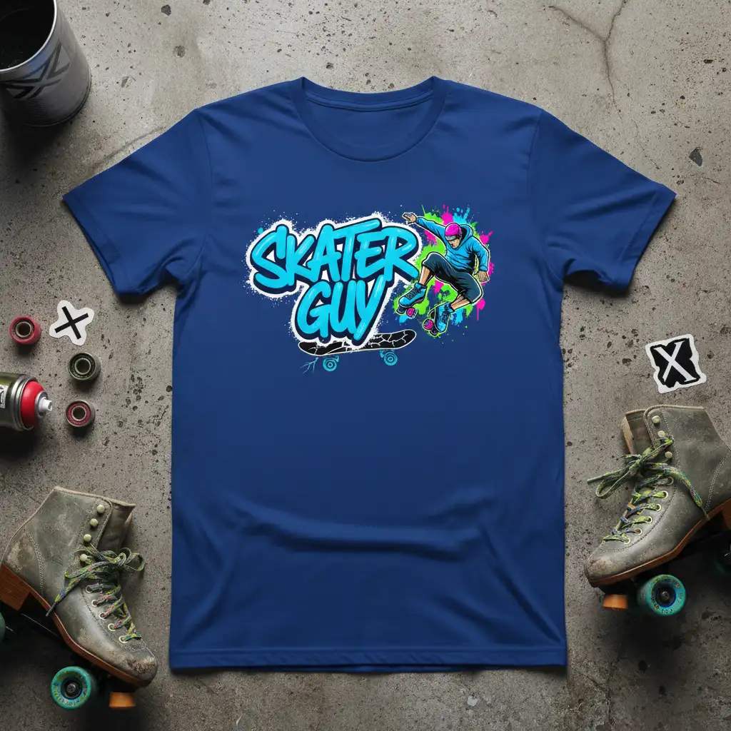 Dynamic SKATER GUY design with a skateboarder in action and vibrant graffiti-style text