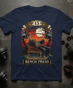 Bench Press Skeleton bold graphic design printed on comfortable cotton t-shirt