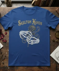 Skelton Hands t-shirt with a golden glitter text and a detailed graphic of skeleton hands holding a rose