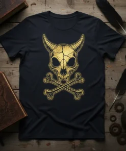 Golden skull with horns and crossed bones design on a black t-shirt, Skull Crossbones Graphic T-Shirt