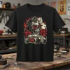 Skull Hot Rod Flames T-Shirt design with a vintage hot rod car, skull with sunglasses, roses, dice, and flames
