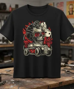 Skull Hot Rod Flames T-Shirt design with a vintage hot rod car, skull with sunglasses, roses, dice, and flames