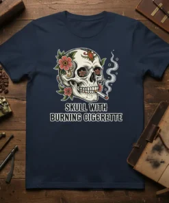 SKULL WITH BURNING CIGGRETTTE unique graphic design printed on comfortable cotton t-shirt