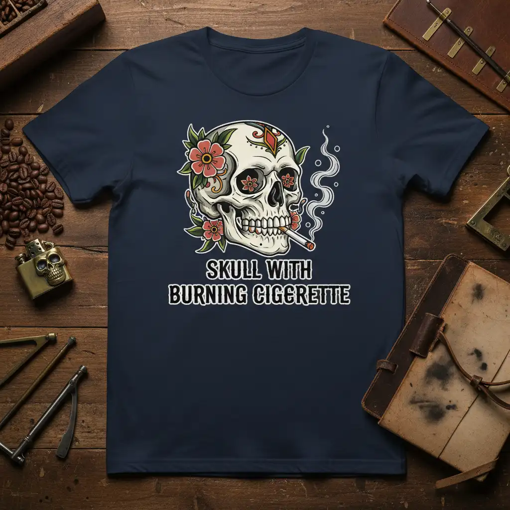 SKULL WITH BURNING CIGGRETTTE eye-catching design printed on soft premium material creating a standout t-shirt