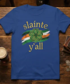Sláinte y'all text with a green clover and Irish flag stripes on a blue t-shirt for St. Patrick's Day