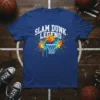 Slam Dunk Legend text and basketball hoop graphic on a blue t-shirt