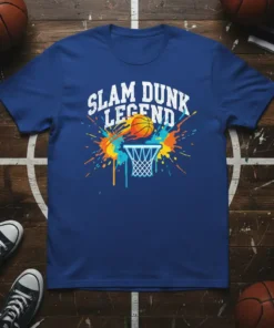 Slam Dunk Legend text and basketball hoop graphic on a blue t-shirt