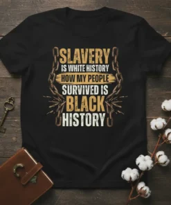 T-shirt with bold text "Slavery Is White History How My People Survived Is Black History" and chain graphic, representing Black