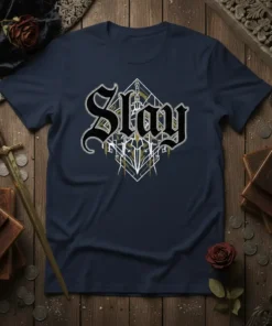 Navy t-shirt with "Slay" in gothic font, surrounded by geometric lines and metallic accents
