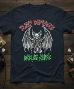 Sleep Deprived Barely Alive text with a skeleton bat graphic on a dark t-shirt