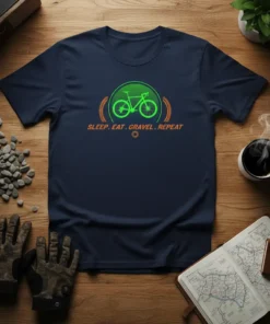 Gravel bike graphic with "SLEEP. EAT. GRAVEL. REPEAT" text, featuring a neon green bicycle and orange lettering
