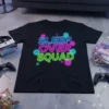 Black t-shirt with "SLEEP OVER SQUAD" in neon blue, pink, and green text, surrounded by colorful flowers