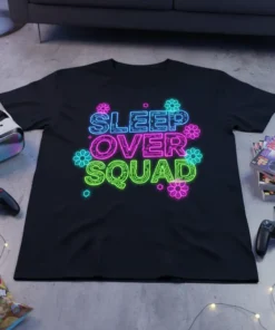 Black t-shirt with "SLEEP OVER SQUAD" in neon blue, pink, and green text, surrounded by colorful flowers