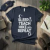 Sleep Teach Hike Repeat t-shirt with moon, stars, book, lightbulb, mountains, and refresh icon