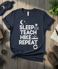 Sleep Teach Hike Repeat t-shirt with moon, stars, book, lightbulb, mountains, and refresh icon
