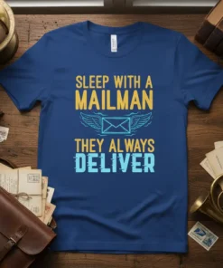 T-shirt with yellow text "SLEEP WITH A MAILMAN" above a winged envelope graphic and blue text "THEY ALWAYS DELIVER"