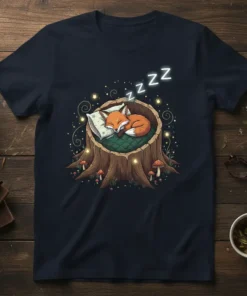 A sleeping fox with ZZZZ symbols above its head, nestled in a tree stump with mushrooms and fairy lights
