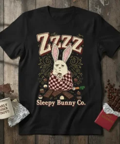 Sleepy Bunny Co. ZZZZ T-Shirt design featuring a tired rabbit drinking coffee, surrounded by chocolates and decorative swirls