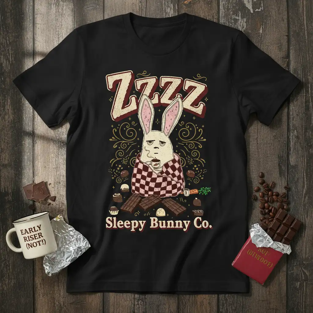 Sleepy Bunny Co. ZZZZ design on a black t-shirt showing a tired bunny with coffee and chocolates
