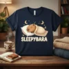 Sleepybara t-shirt design featuring a cute capybara sleeping soundly on a pillow under a starry night sky