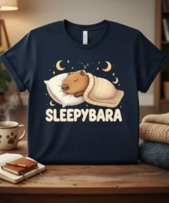 Sleepybara t-shirt design featuring a cute capybara sleeping soundly on a pillow under a starry night sky