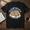 Sleepybara t-shirt design featuring a cute capybara sleeping on a pillow under a starry night sky