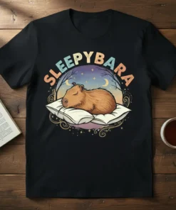Sleepybara t-shirt design featuring a cute capybara sleeping on a pillow under a starry night sky