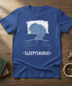 Blue t-shirt with a drawing of a sleeping dinosaur and the text "-SLEEPYSAURUS-"