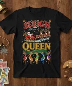 Sleigh Queen Christmas t-shirt design featuring Santa in his sleigh pulled by reindeer, with a queen graphic below