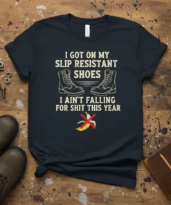 T-shirt with text "I Got On My Slip Resistant Shoes I Ain't Falling For Shit This Year" and graphic of