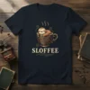 Sloffee text with a cute sloth sleeping in an ornate coffee cup design on a navy t-shirt