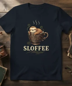 Sloffee text with a cute sloth sleeping in an ornate coffee cup design on a navy t-shirt