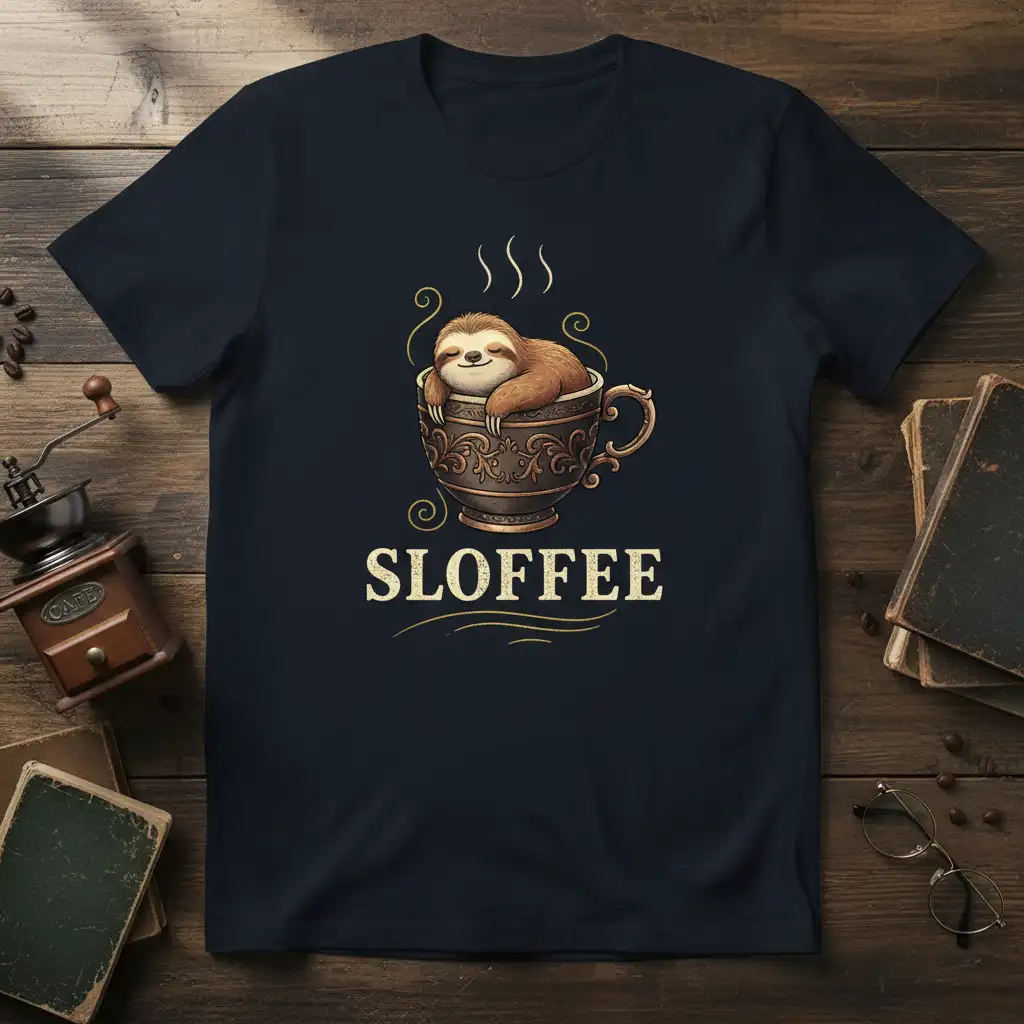 Sloffee text design with a cute sloth relaxing in a steaming coffee cup, perfect for coffee lovers