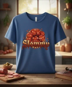 Slommy meatball graphic t-shirt with dripping text, featuring a pile of meatballs and the word Slommy