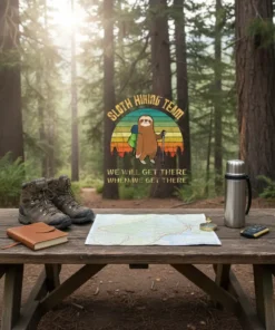 Sloth Hiking Team We Will Get There When We Get There quote with a sloth wearing a backpack and holding