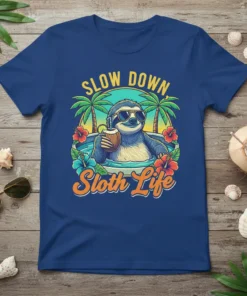 SLOW DOWN Sloth Life text with a cool sloth in sunglasses holding a coconut drink, tropical palm trees, and flowers