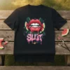 Black t-shirt with a graphic design featuring red lips, watermelon slices, and the word "SLUT" in graffiti style pink lettering