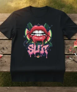 Black t-shirt with a graphic design featuring red lips, watermelon slices, and the word "SLUT" in graffiti style pink lettering