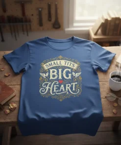 Small Tits Big Heart quote on a blue t-shirt with decorative scrollwork and small heart graphic
