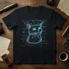 Smart Cat Math T-Shirt featuring a neon-outlined cat face surrounded by physics and calculus equations on a black tee