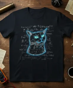 Smart Cat Math T-Shirt featuring a neon-outlined cat face surrounded by physics and calculus equations on a black tee