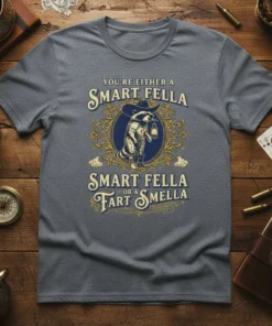 You're Either a Smart Fella Smart Fella or a Fart Smella text with a raccoon wearing a cowboy hat holding