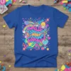 Vibrant graphic t-shirt design with the text "Smile Rainbow Equal Rainbow Star" in colorful, swirling typography surrounded by rainbows, stars