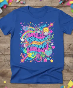 Vibrant graphic t-shirt design with the text "Smile Rainbow Equal Rainbow Star" in colorful, swirling typography surrounded by rainbows, stars