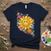 Smiling sun flower graphic tee with colorful surrounding flowers and hearts, retro style
