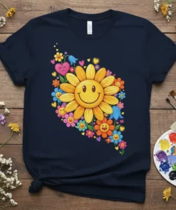 Smiling sun flower graphic tee with colorful surrounding flowers and hearts, retro style