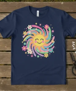 Smiling sun with rainbow swirls and colorful flowers graphic on a navy blue t-shirt, primary keyword Smiling Sun Rainbow