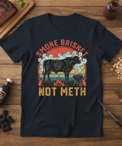 Smoke Brisket Not Meth t-shirt with bull, grill, and fire graphic